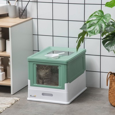 Green and White Enclosed Cat Litter Box with Scoop