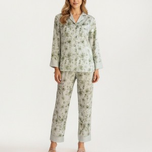 Anna-Kaci Lounge Women's 2-Piece Set Floral Satin Button Front Pajama Top with Contrast Cuffs and Matching Relaxed Fit Lounge Pants - 1 of 4