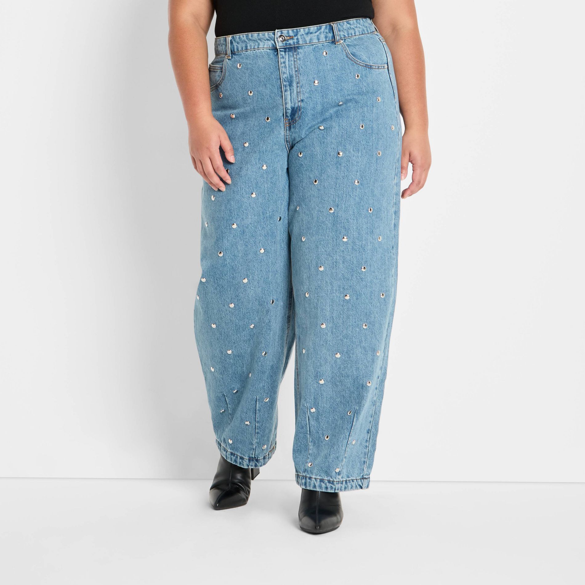 Women's Mid-Rise Studded Barrel Leg Jeans - Future Collective Blue Denim