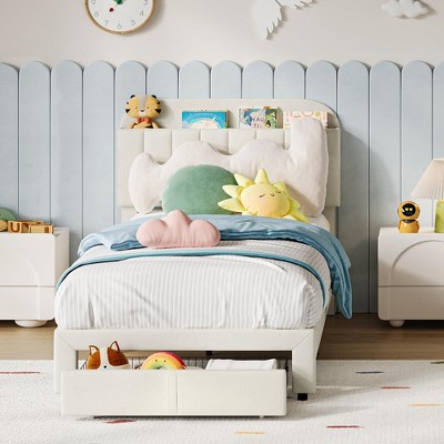Twin Bed Frame for Kids - Storage Headboard & Drawer Underneath, Noise Free, Upholstered Platform Bed with Wooden Slats Support
