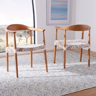 Natural Mindi Wood and White Leather Woven Accent Chair