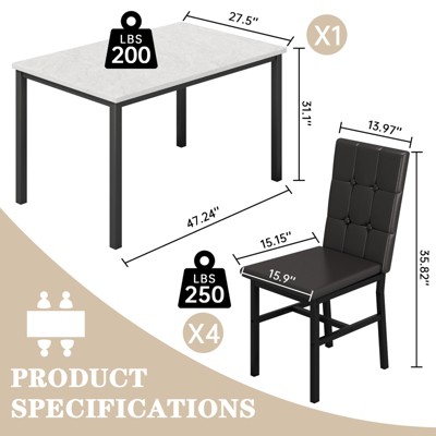 Hooseng Modern Kitchen 5 Piece Dining Table Set for 4, Dining Table Set For 4 With 4 Upholstered Velvet Chairs, 5-Piece Faux Marble Dining Set
