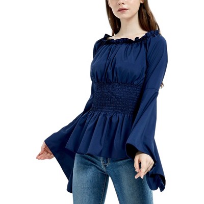 Anna-Kaci Women's Long Sleeve Off Shoulder Gatehred Detail Peplum Boho Top