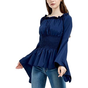 Anna-Kaci Women's Long Sleeve Off Shoulder Gatehred Detail Peplum Boho Top- Small/Medium ,Navy - 1 of 4