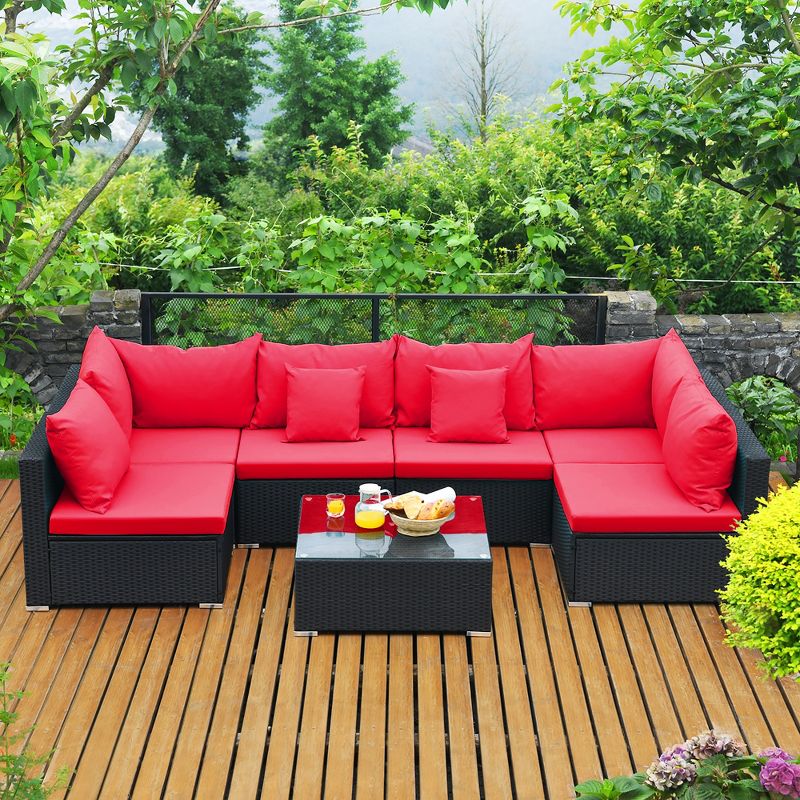 Costway 7PCS Patio Rattan Sofa Set Sectional Conversation Furniture Set Garden Beige\ Navy\Red\Navy Blue, 1 of 10
