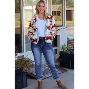 Western Aztec Buttoned Zipper Pockets Fleece Jacket - 1 of 4