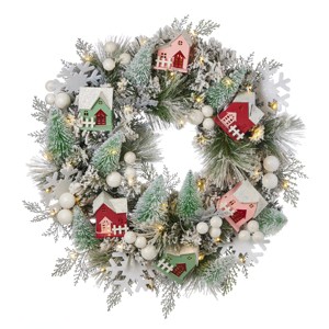 Christmas Snowy Cottage Wreath 26in Pre-Lit with 50 LED Fairy Lights B/O - 1 of 4