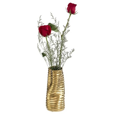 Fabulaxe 9" H Ceramic Bent Melted Modern Style Sculpture Table Centerpiece Flower Vase, Gold