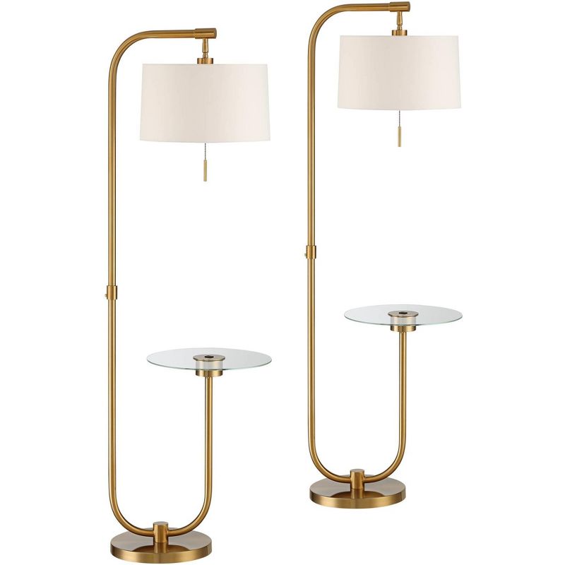 Possini Euro Design Volta Modern Floor Lamps with Tray Tables 66" Tall Set of 2 Brass USB Charging Port White Drum Shade for Living Room Bedroom House, 1 of 9