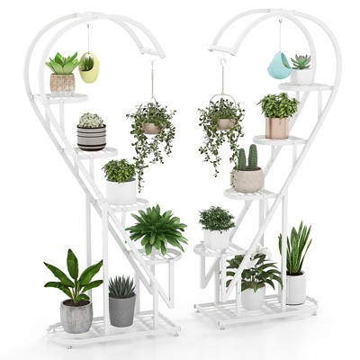 Tangkula 5-Tier Metal Plant Stand, Heart-shaped Plant Shelf Tiered Plant Stand with 4 Hanging Hooks, Wide Slatted Platform Black/Pink & Blue/White