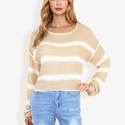 Anna-Kaci Women's Long Sleeve Striped Sweater With Crew Neck, Cropped Fit