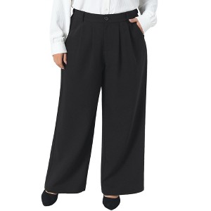 Women's Plus Size Button High Elastic Waisted Long Straight Business Casual Suit Pants with Pockets - Agnes Orinda - 1 of 4