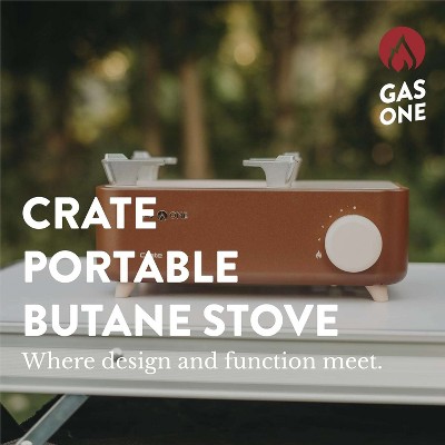 GasOne Butane Fuel Camp Stove - Crate Series - Mini Stove for Camping, Hiking – Portable Gas Stove with Spiral Flame, Brown