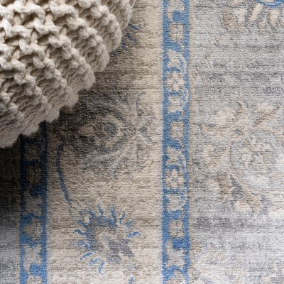 Light Gray and Blue Floral Synthetic Runner Rug