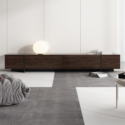 Famapy Brown Long TV Cabinet Woodgrain Finish 4 Drawers Storage