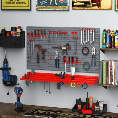 Wall Mount Tool Storage Shelf - 61 Slot Organizer Rack With Hooks & Compartments