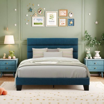 Allewie Platform Bed Frame with Fabric Upholstered Headboard and Wooden Slats Support, Fully Upholstered Mattress Foundation/No Box Spring Needed
