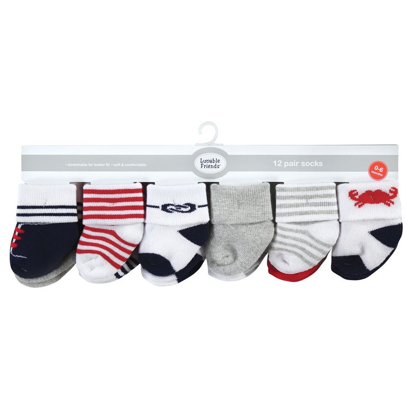 Luvable Friends Infant Boy Newborn and Baby Terry Socks, Nautical, 2 of 9