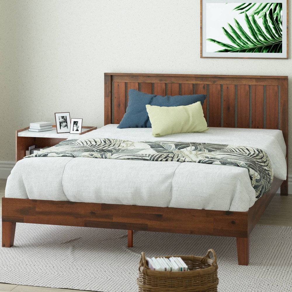 Full Vivek Deluxe Wood Platform Bed with Headboard Brown - Zinus