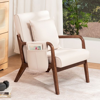 Hommpa Mid-century Accent Chair Ergonomic Linen Armchair with Wood Frame & Lumbar Pillow Beige
