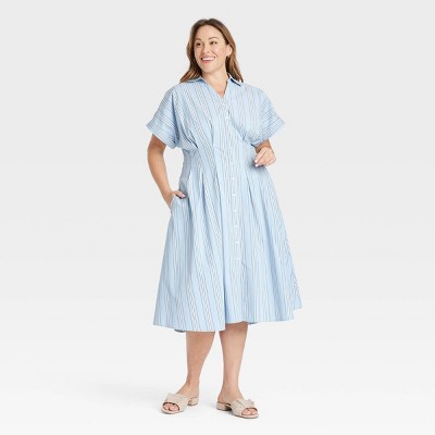 Women's Short Sleeve Pleated Midi Shirtdress - Ava & Viv™ Blue Pinstripe 3X