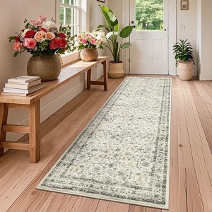 Washable Vintage  Medallion Rug Non Slip Low Pile Rug Soft RetroThrow Floor Cover Foldable Indoor Carpet for Living Room Bedroom Playroom Nursery - 1 of 4