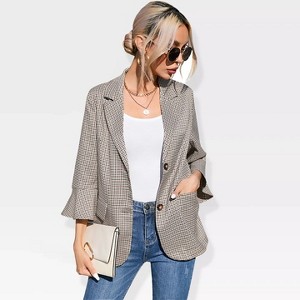 Womens 3/4 Sleeve Casual Blazer Lightweight Jacket with Ruffle Sleeve Open Front Plaid Longline Blazer Jacket Notched Lapel Womens Blazer Cardigan - 1 of 4