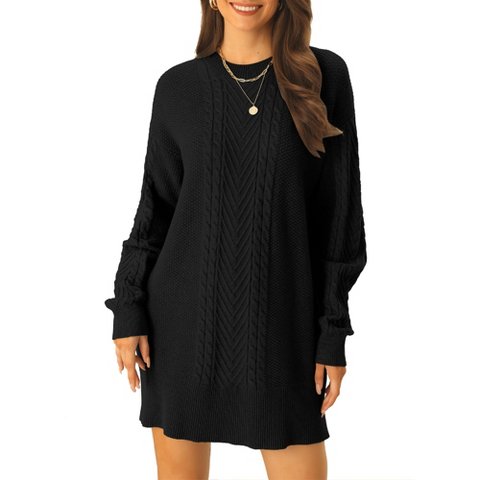 Женские платья INSPIRE CHIC Women's Warm Long Sleeve Crewneck Mini Cable Knit Casual Sweater Dress Large Black