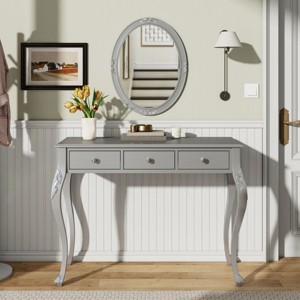 Makeup Vanity Desk with Oval Mirror Drawers and Carved Legs for Small Spaces or Entryway-3irtyhousy - 1 of 4
