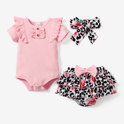 PATPAT Baby Girls Clothes Infant 2 Piece Outfit Summer Cotton Ruffle Sleeve Romper and Floral Shorts Set