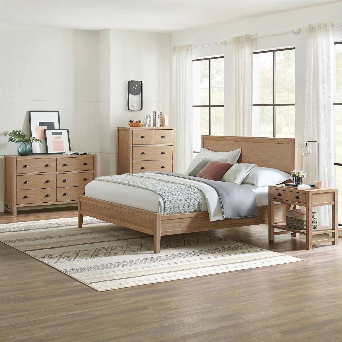 4pc Arden Wood Bedroom Set with 2 Drawer Nightstand with Open Shelf Light Driftwood - Alaterre Furniture - thumbnail 2