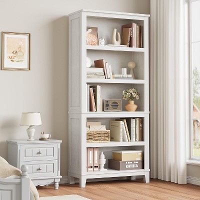 5 Tier Storage Wooden Bookcase Farmhouse Bookshelves Rustic Vintage Etagere for Home Office White