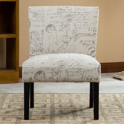 Beige Script Print Fabric Armless Slipper Chair with Wood Legs