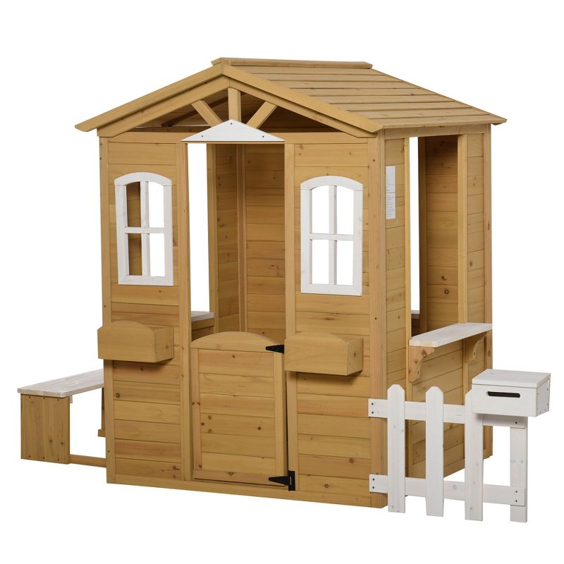 Outsunny Outdoor Playhouse for kids Wooden Cottage with Working Doors Windows & Mailbox, Pretend Play House for Age 3-6 Years, 1 of 10
