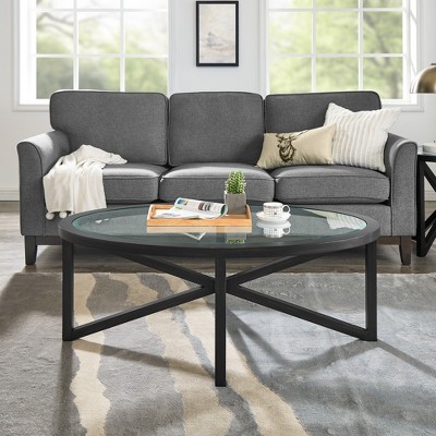 VYNXARIA Modern Round Glass Coffee Table - Clear Tempered Glass & Solid Wood Base