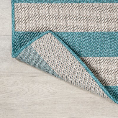 Ivory and Aqua Wide Stripe Reversible Indoor/Outdoor Rug