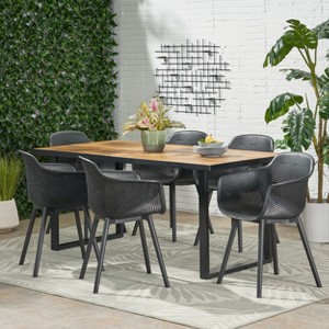Christopher Knight Home Lotus Outdoor Acacia Wood and Resin 7 Piece Dining Set, Black/Teak - 1 of 4