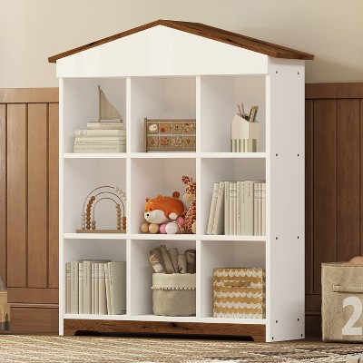 47.4"H House-Shaped Storage Rack with Nine Storage Compartments, 3-layer Bookshelf with Colorblock Design - ModernLuxe