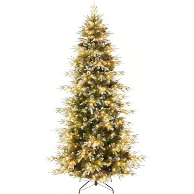 Frosted Pine Cone Artificial Pencil Christmas Tree – PE/PVC, 240 Warm White LED Lights (8 Modes), Hinged Expansion, Metal Stand
