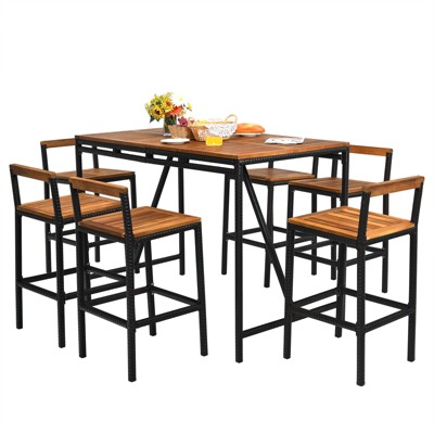 Tangkula 7PCS Patio Rattan Bar Set with Umbrella Hole Wood High-Dining Bistro Set with 6 Bar Stools for Poolside&Garden