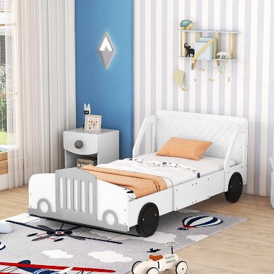 Twin White Car Bed for Kids, Car Shaped Platform Bed with Wheels, Headboard and Footboard, Toddler Car Bed Slat Support No Box Spring Needed