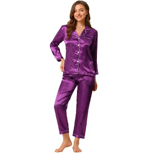 Allegra K Women's Satin Button Down Sleepshirt with Pants Sleepwear Pajama Set - 1 of 4