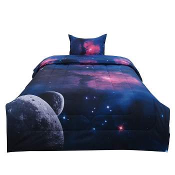 PiccoCasa Galaxies Fuchsia Quilt Comforter with 1 Matching Pillow Case Twin Blue