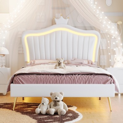 Queen/Full Size Upholstered Platform Bed Frame with LED Lights, Princess Bed with Crown Headboard-ModernLuxe