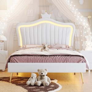 Queen/Full Size Upholstered Platform Bed Frame with LED Lights, Princess Bed with Crown Headboard-ModernLuxe - 1 of 4