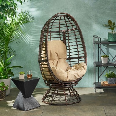 1 Piece Patio Wicker Swivel Egg Chair With Water Resistant Cushion,Outdoor Egg Chair With Iron Frame,PE Rattan Woven Lounge Egg Chair-Coolbibila