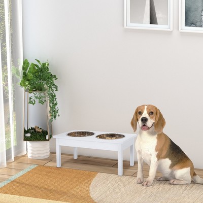 White Elevated Wooden Pet Feeding Station with Stainless Steel Bowls