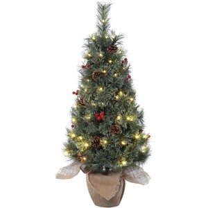 3ft Snow Flocked Artificial Christmas Tree with Multi-Function LED Lights & Red Berries, Perfect Holiday Decor for Small Spaces & Tabletops - 1 of 4