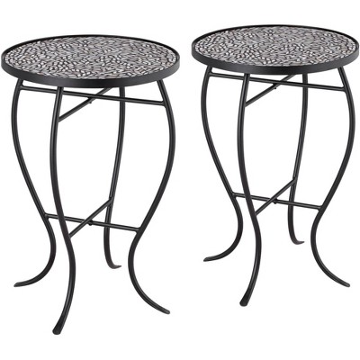 Teal Island Designs Modern Black Round Outdoor Accent Side Tables Set of 2 14" Wide Free-Form Mosaic Tabletop Front Porch Patio Home House