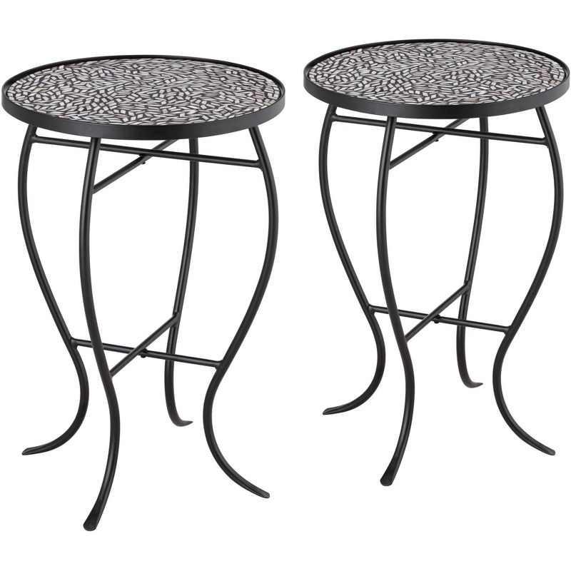 Teal Island Designs Modern Black Round Outdoor Accent Side Tables 14" Wide Set of 2 Free-Form Mosaic Tabletop Front Porch Patio Home House, 1 of 8